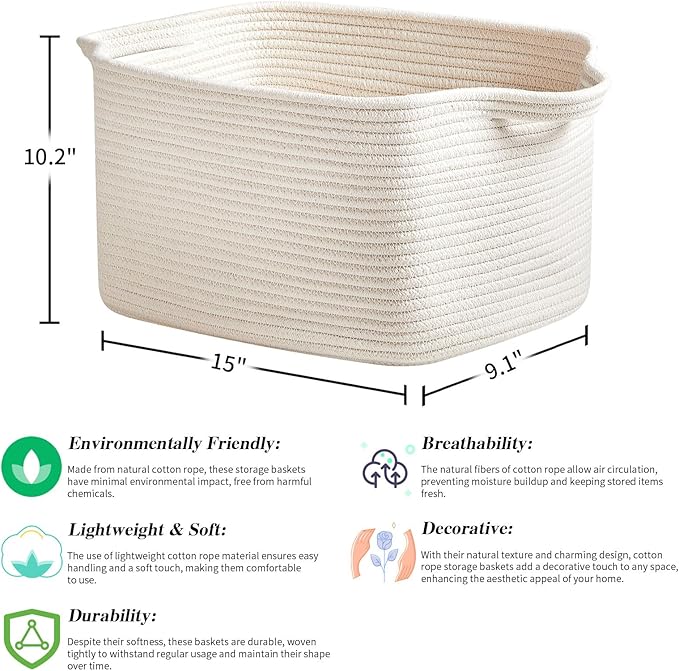 3 Packs Cotton Rope Woven Basket With Handles for Shelves -15"*10.2"*9.1"(White)