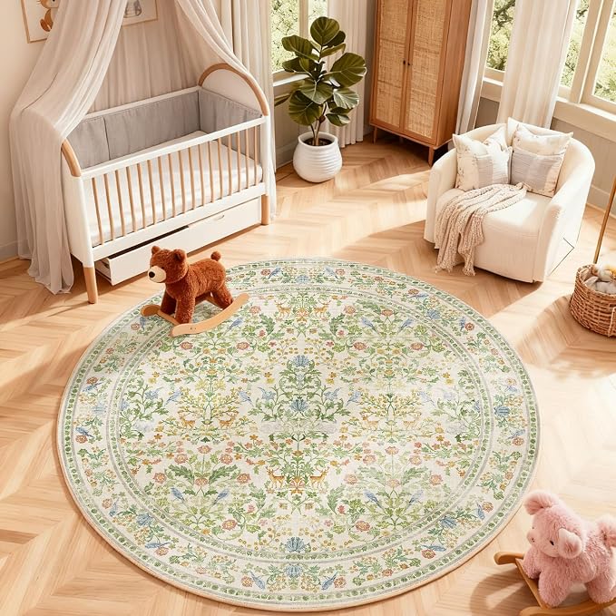 Washable Round Rugs for Bedroom 4ft: Living Room Rug Stain Resistant Non Slip