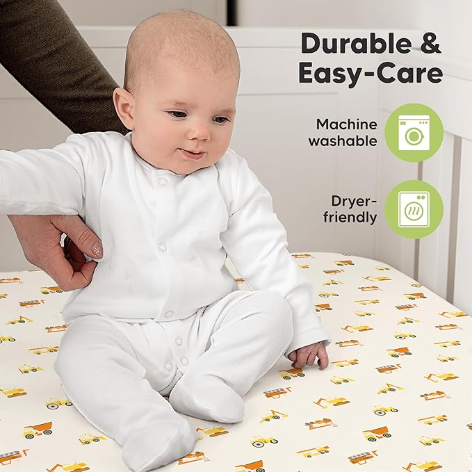 KeaBabies 2-Pack Organic Crib Sheets for Boys, Girls - 52x28 Fitted Crib Mattress Sheet Neutral, Breathable Jersey Cotton Cover for Baby Bed, Toddler Mattress, Soft & Cute Prints (Construction)