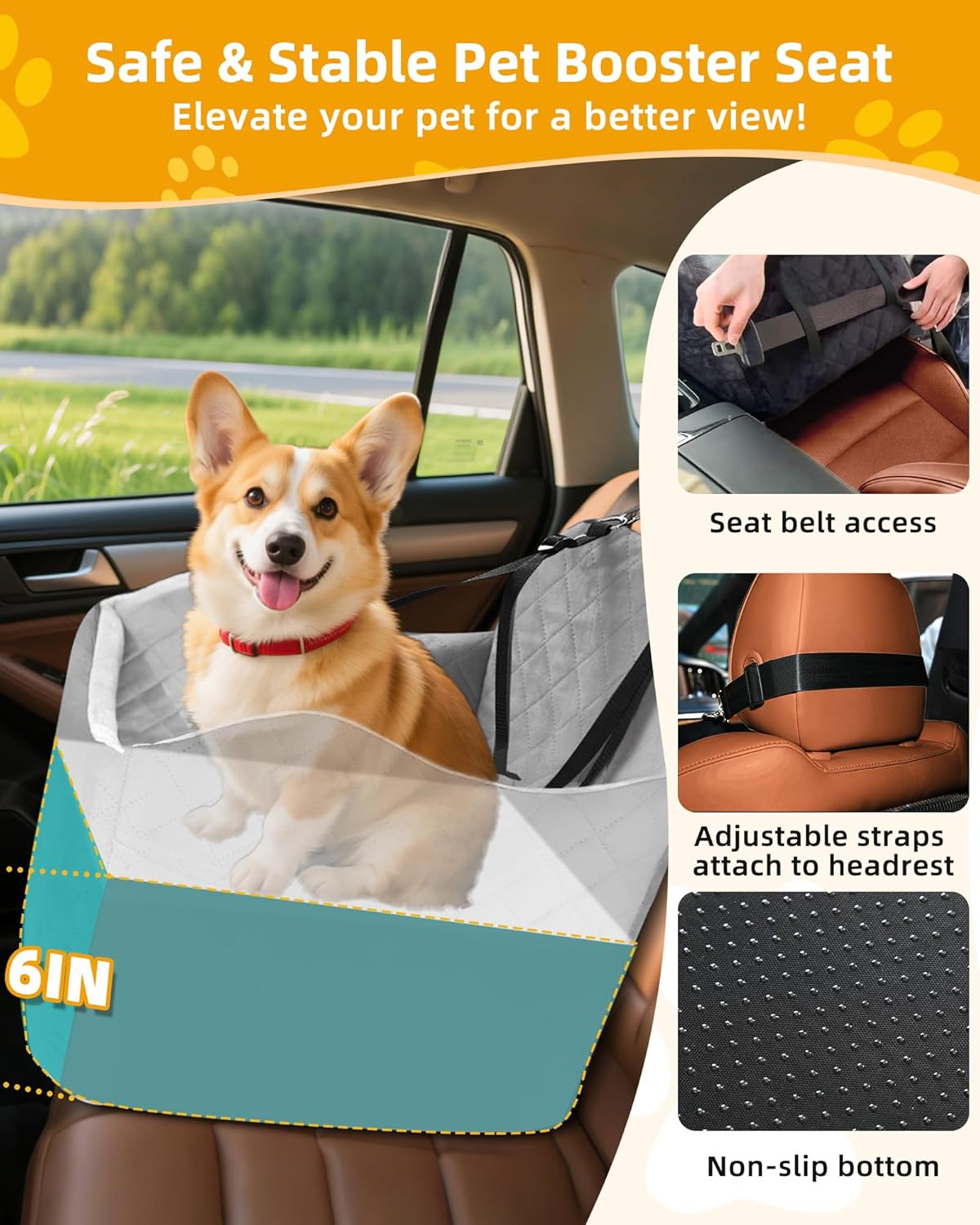Car Seat Booster for Dog: High-Support Memory Foam Pet Car Seat for Small/Medium Dogs Under 35lbs with Elevated Cushion - Detachable Washable Puppy Travel Bed for Driving with Pockets (Grey)