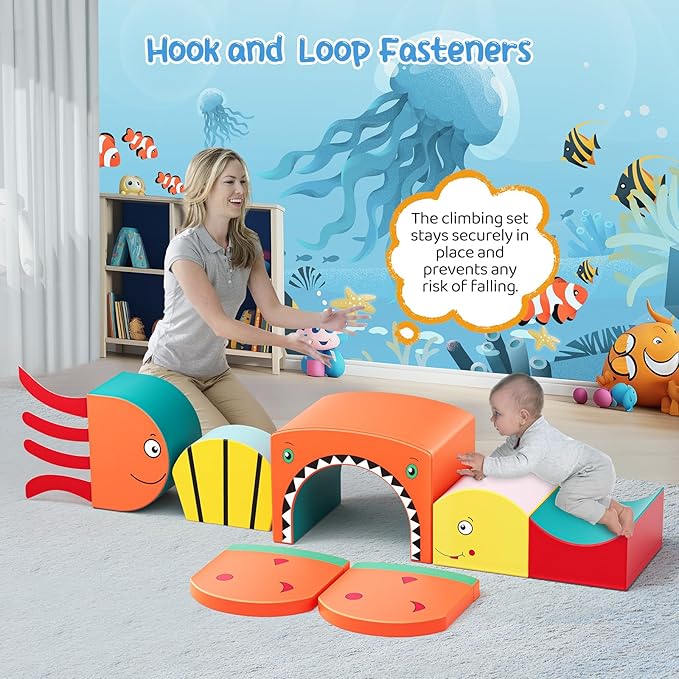 Lischwert Foam Climbing Blocks for Toddlers, Shark Theme Baby Climbing Blocks Soft Play Climbing for Toddlers with Foldable Block and Tunnel Indoor Climbing Toys for Toddler 1-3, 6 Pieces