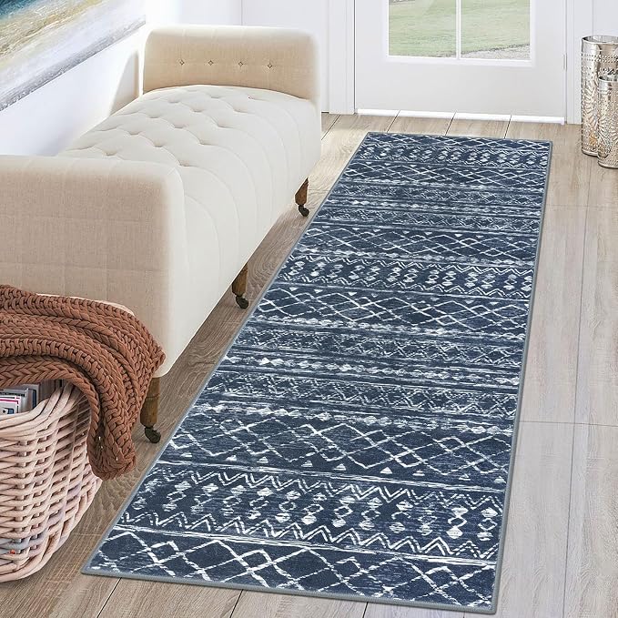 KUTA Moroccan Washable Hallway Runner Rug, 2x6 Non-Slip Vintage Navy Blue Boho