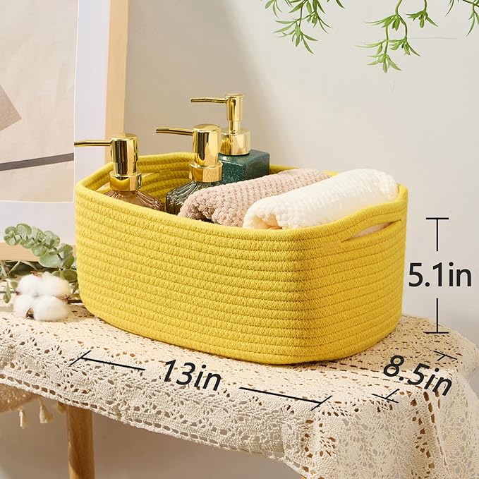Small Storage Baskets for Organizing | Closet Organizer Bins | Shelf Toy Basket | Woven Rope Baskets | Cube Decorative Box | Shallow Basket | 13x8.5x5.1” | 3 Packs Yellow
