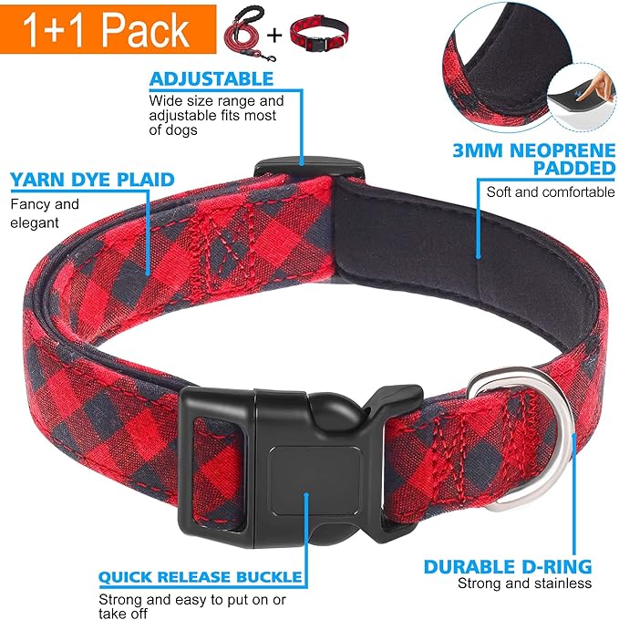 Reflective Dog Collar Padded with Soft Neoprene Breathable Adjustable Nylon Dog Collars for Small Medium Large Dogs (Small (Pack of 1), Red Plaid Collar+Leash)