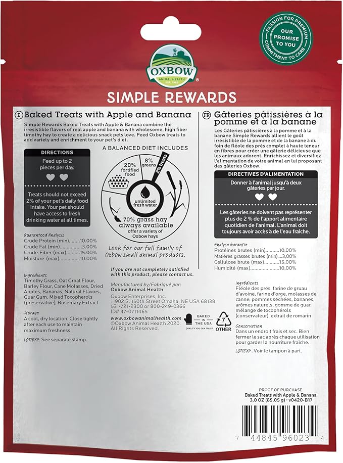 Oxbow Simple Rewards Apple Banana Treats, Timothy Hay Guinea Pig & Bunny Treats, Pet Snack, Made with Oxbow Guinea Pig Hay, Made in USA, Timothy for Rabbit, 3 oz Bag