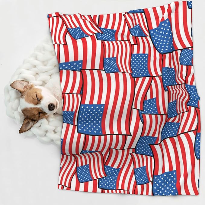 Reversible Plush Throw for Dogs and Cats, Novelty American Flag, Double Sided Blanket with Nubby Dot Side and Sleek Side Ideal for Cuddling Nesting Security
