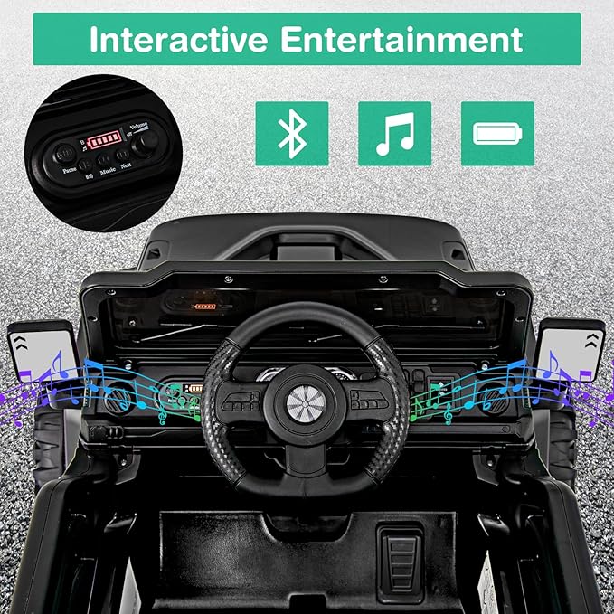 Costzon 12V Kids Ride on Truck Car, Electric Vehicle w/Remote Control, Threaded Wheels, 3 Speeds, LED Lights, Music, Horn & Wireless Connection, Battery Powered Ride on Toy for Boys & Girls 3+ (Black)