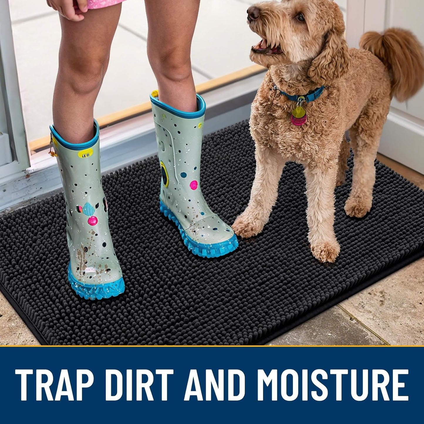 Smiry Dog Door Mat for Muddy Paws 59x24, Absorbs Moisture and Dirt Doormat, Non-Slip Washable Quick Dry Chenille Front Door Mat Indoor Entrance, Entryway Carpet for Inside Floor, Black