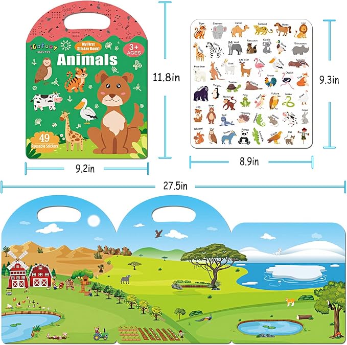 Reusable Sticker Books for Toddlers 1-3, Stickers for Toddlers 2-4 Years, Animal Stickers for Kids, Airplane Travel Essentials for Kids