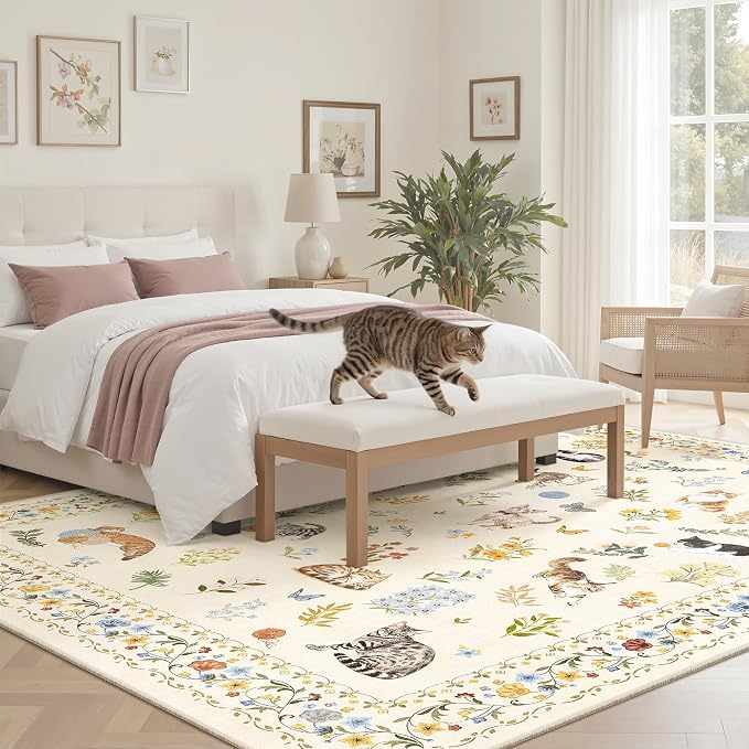 Soalmost Cat 6x9 Area Rugs for Living Room, Machine Washable Animal Floral