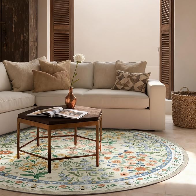Washable Round Rugs for Bedroom 4ft: Living Room Rug Stain Resistant Non Slip