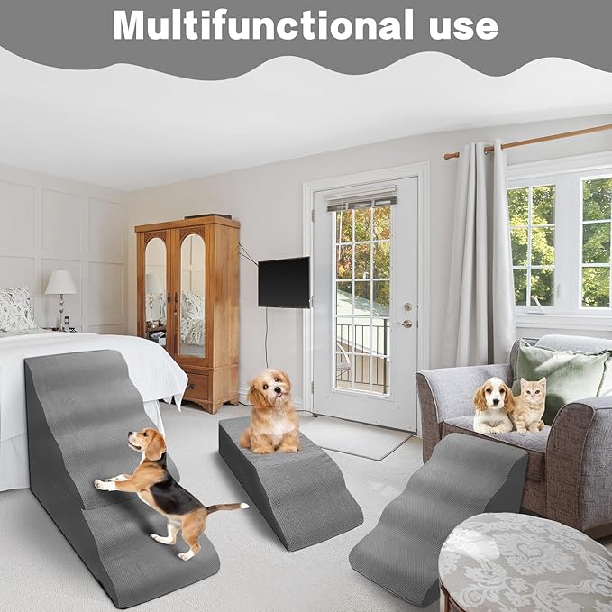 Dog Stairs for High Beds 30-36 inches Tall, 6-Step Dog Steps for Bed 32-36 inches for Small Large Dogs, Doggie Ramp for Bed, 30D Foam Pet Stairs for Old Dogs/Cats, Free-Installation, Grey
