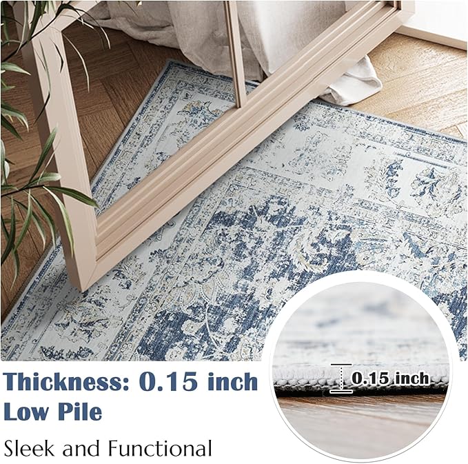 jinchan 6x9 Area Rug for Living Room Machine Washable Vintage Floral Distressed Design Stain Resistant Boho Carpet Ultra-Thin Low Pile Non-Slip Rug for Bedroom Dining Room Home Office(6‘x9',Dark Blue)