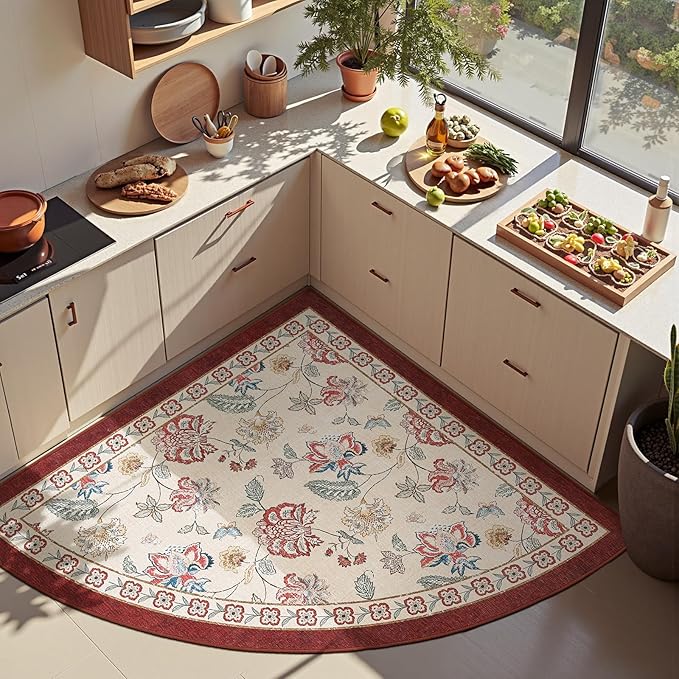 jinchan Floral Corner Rug for Entryway Washable Kitchen Rug Vintage Romance Design Non Slip Quarter Circle Lightweight Low-Pile Throw Carpet for Playroom Reading Nook Nursery, 4ft Radius, Red/Beige