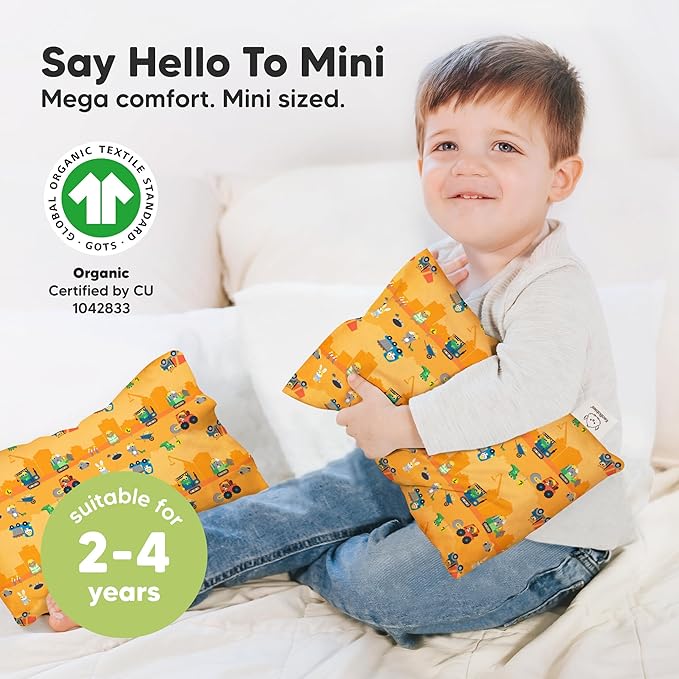 Mini Toddler Pillow with Pillowcase - 9x13 My Little Dreamy Travel Kids Pillow for Sleeping, Toddler Bed, Small, Tiny, Organic Cotton Pillowcase, Soft & Breathable,Kids 2-4 Years Old (Little Builders)