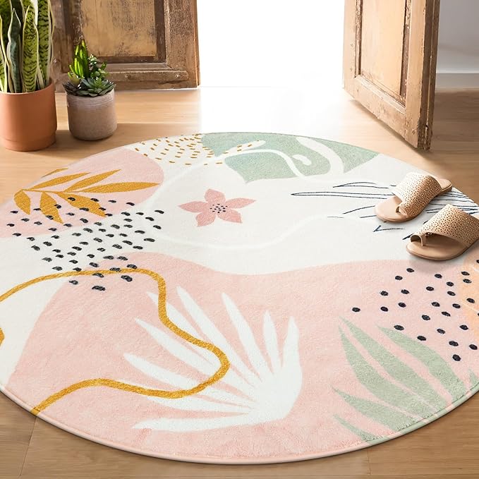 Lahome Pink Round Rugs 5Ft - Washable Boho Large Round Area Rug for Living Room Non-Slip Throw Ultra- Thin Circle Rugs for Bedroom Nursery, Cute Soft Botanical Print Round Carpet for Classroom Office