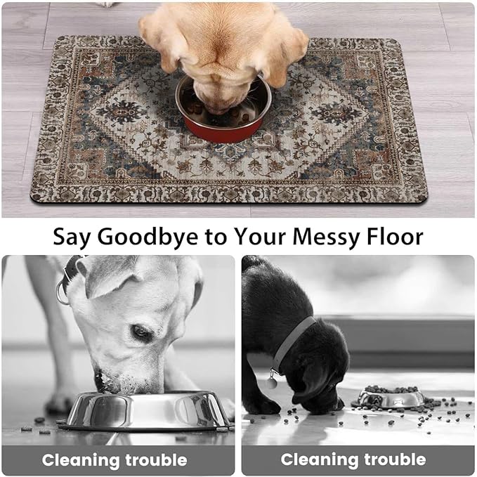 Dog Food Mats for Floors, Absorbent and Quick-Drying Pet Cat Food Mat,Anti-Fouling and Easy-to-Clean Pet Feeding Mat,Dog Bowl Mat for Messy Drinking Water Bowls.16 x24, Bohemia Style