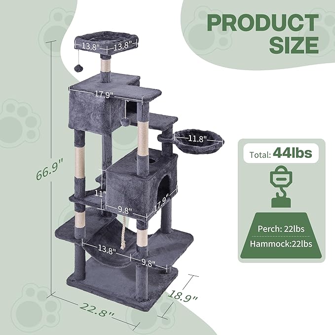 Cat Tree for Indoor Cats, 66 Inches Cat Tower with Scratching Post, Multi-Level Climbing Tree Cat House Padded Plush Perch, Cat Condo Activity Center with Pompoms, Kittens Pet Play House, Dark Gray