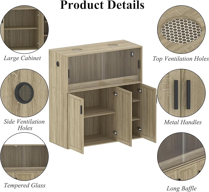 Terrarium Stand, Bearded Dragon Cage, Reptile Tank Stand Enclosure, Terrarium Table with Tempered Glass, Ventilation Holes and 2 Cabinets for Living Room, Light Oak Color