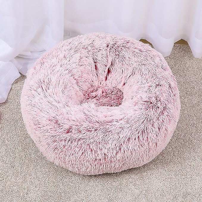 Calming Dog Bed for Small Dogs, Calming Donut Cuddler Pet Bed Anti Anxiety Round Dog Bed Fluffy Plush Faux Fur Cat Bed,Pink,31.5IN