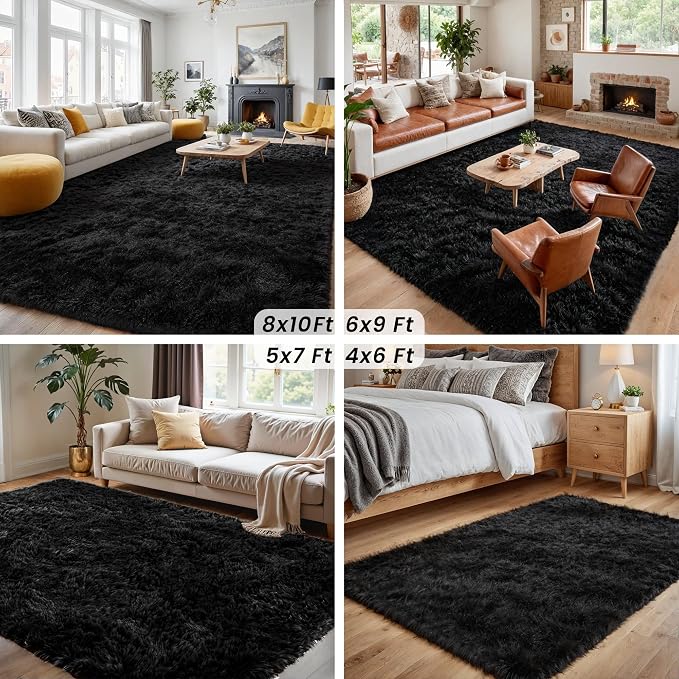 6x9 Area Rugs for Living Room Rug: Soft Fluffy Shag Black Rugs for Bedroom