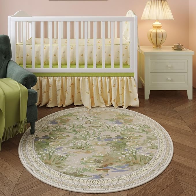 Circle Rug Impressionist-Style Vintage Round Rug 4ft Non Slip Low Pile Small Circular Rug for Bedroom Bathroom Entryway Kids Room Office College Dorm, Beige