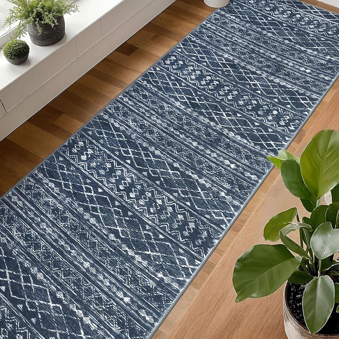 KUTA Moroccan Washable Runner Rug 2.6x18 Non-Slip Vintage Navy Blue Boho