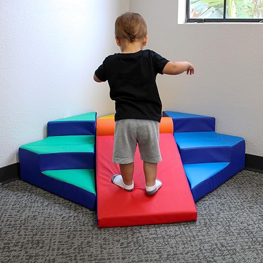 FDP SoftScape Step Up and Slide Corner Climber, Indoor Active Play Structure for Toddlers and Preschoolers, Soft Foam for Crawling and Sliding, Multiple Configurations (4-Piece) - Assorted, 13383