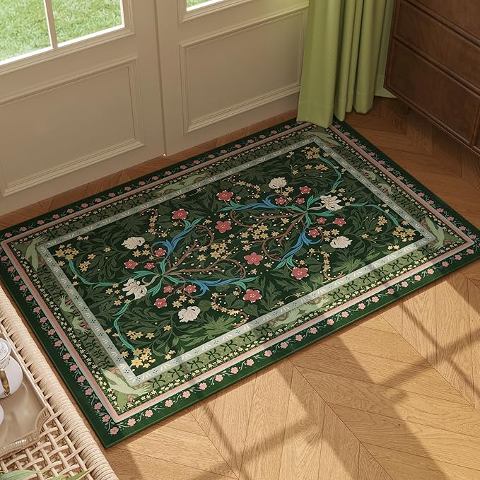 Door Mat Indoor Entrance 2x3 Rug Machine Washable Vintage Floral Botanical Small Area Rug Non-Slip Low Pile Throw Rugs for Entryway, Kitchen, Front Door Entrance, Entry, Kids Room, Green