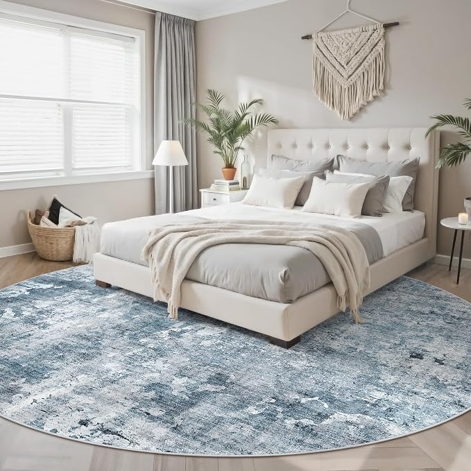 Soalmost 9x9 Blue/Grey Round Rug 9ft Living Room Circle Rug Vintage Round Area