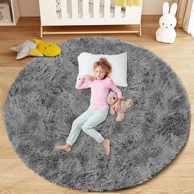 4FT Round Rug for Bedroom: Fluffy Shag Soft Washable Rugs Circle Small Fuzzy Plush Indoor Carpet for Living Room Nursery Playroom Dorm Kids Girls Boys Room (Dark Grey, 4'x4')