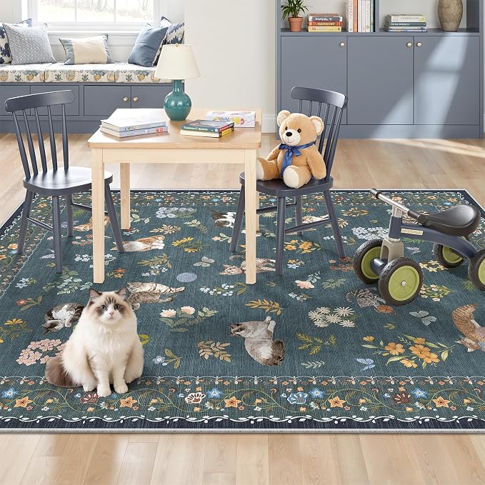 Soalmost Cat 3x5 Area Rugs for Entryway, Machine Washable Animal Floral Accent