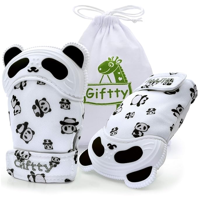 Giftty Baby Teething Mitten Panda Hand Teether Soothing Glove Wearable Teething Toy with Crinkle Sound, Multi Textured for Infants 3-12M (1 Pair)