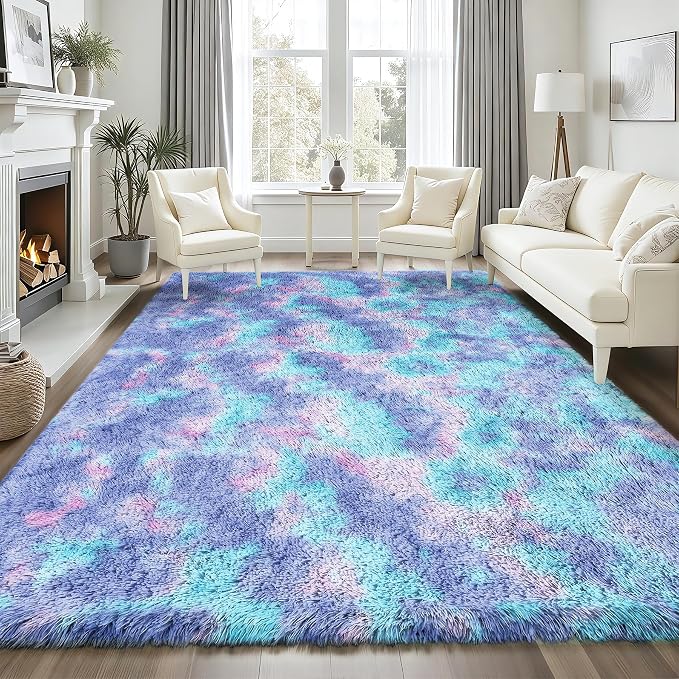 Rainbow Fluffy Rugs for Girls Bedroom: 9x12 Large Shag High Pile Area Rug