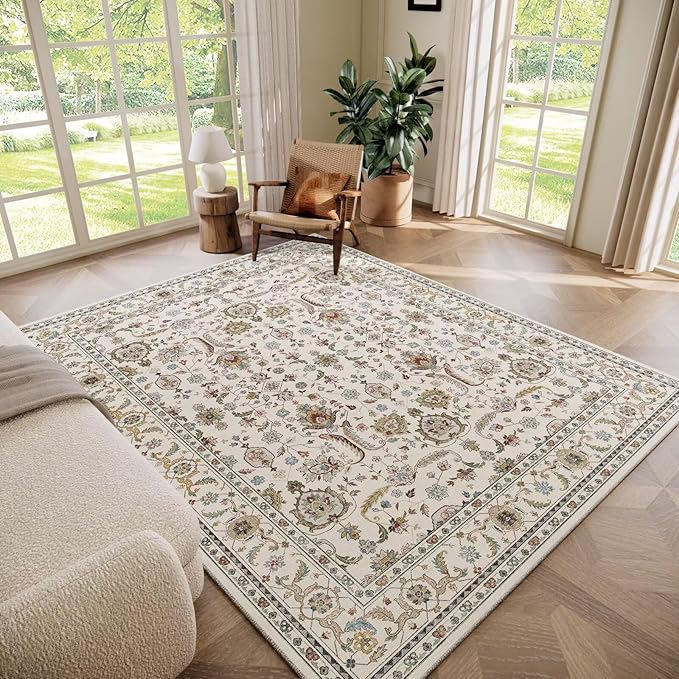Washable 5x7 Area Rugs for Living Room, Boho Non-Slip Silicone Backing Rugs for Bedroom Dining Room Nursery Office, 0.3" Neutral Oriental Throw Carpet with 0.16" Cushioning Pad, Light Beige/Multi