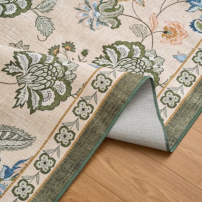 jinchan 8x10 Floral Rug for Living Room Washable Bedroom Rug Vintage Romance Design Non Slip Thin Indoor Floor Cover Large Low-Profile Throw Carpet for Dining Room Office, Green/Beige