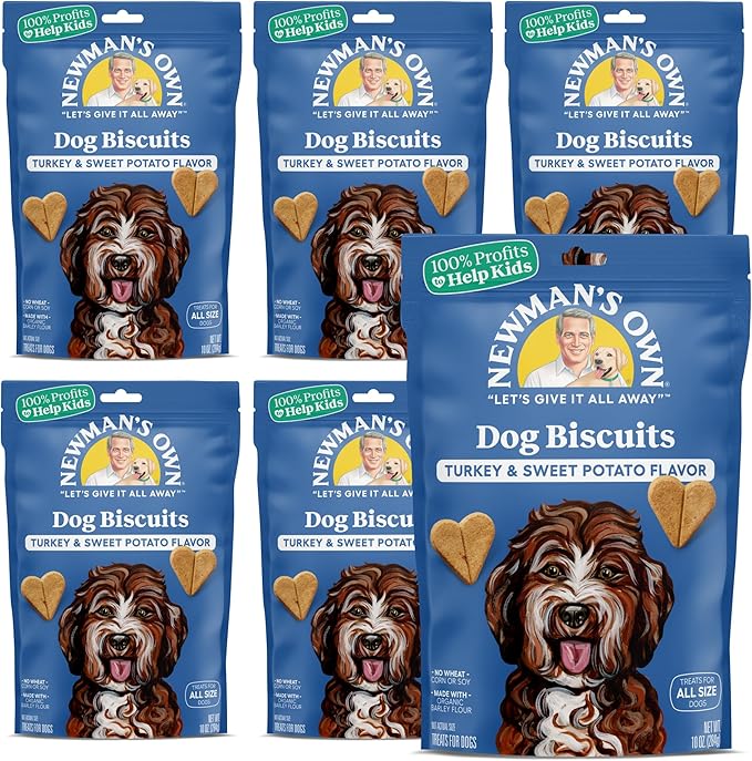 Newman's Own Turkey & Sweet Potato Dog Biscuits, 10 oz Bag (Pack of 6) — Oven Baked Crunchy Training Treats, Organic Ingredients, No Wheat Corn or Soy, Premium Quality Wholesome Dog Cookies