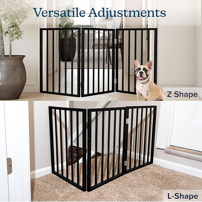 Pet Gate - 3-Panel Indoor Foldable Dog Fence for Stairs, Hallways, or Doorways - 54x24-Inch Wood Freestanding Dog Gates by PETMAKER (Black)