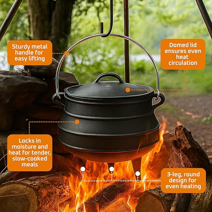 Bruntmor 8-Quart Pre-Seasoned Cast Iron Cauldron - African Potjie Pot with Lid - 3-Legged Pot for Even Heat Distribution - Outdoor Cast Iron Dutch Oven Cookware for Campfire Cooking and Boiling