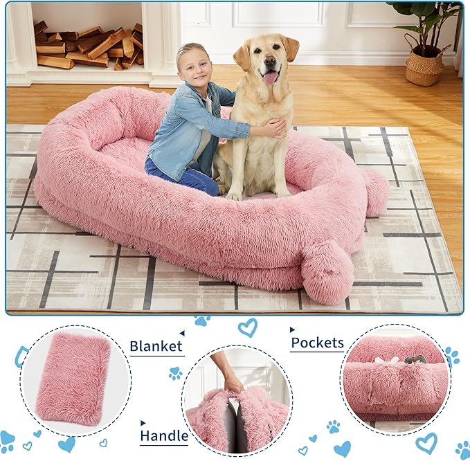 GarveeHome Human Sized Dog Bed, 71" x 45" x 12" Large Dog Bed with 2 Storage Pockets, Fluffy Faux Fur Orthopedic Pet Bean Bed for Adults & Giant Pets - Pink