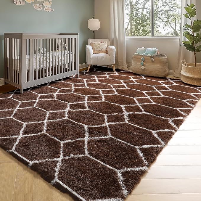 ONASAR 6x9 Area Rugs for Living Room Bedroom, Washable Large Fluffy Brown and White Throw Rug, Geometric Soft Plush Shaggy Fuzzy Floor Carpet for Nursery Kids Girls Boys Teen Dorm Home Office Decor