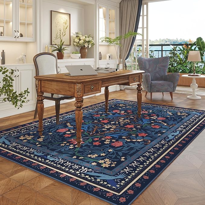 5x7 Washable Rug Vintage Floral Botanical Area Rug Non Slip Low Pile Large Rugs for Living Room, Bedroom, Farmhouse, Dining Room, Kids Playroom, Blue