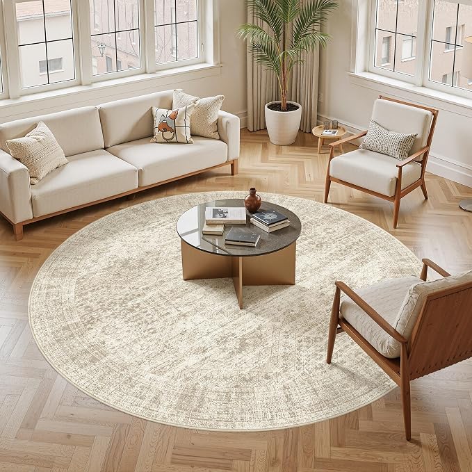 Soalmost 8x8 Beige Round Rug 8ft Living Room Circle Rug Vintage Round Area Rug