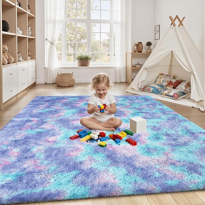 Rainbow Fluffy Rugs for Girls Bedroom: 4x6 Large Shag High Pile Area Rug
