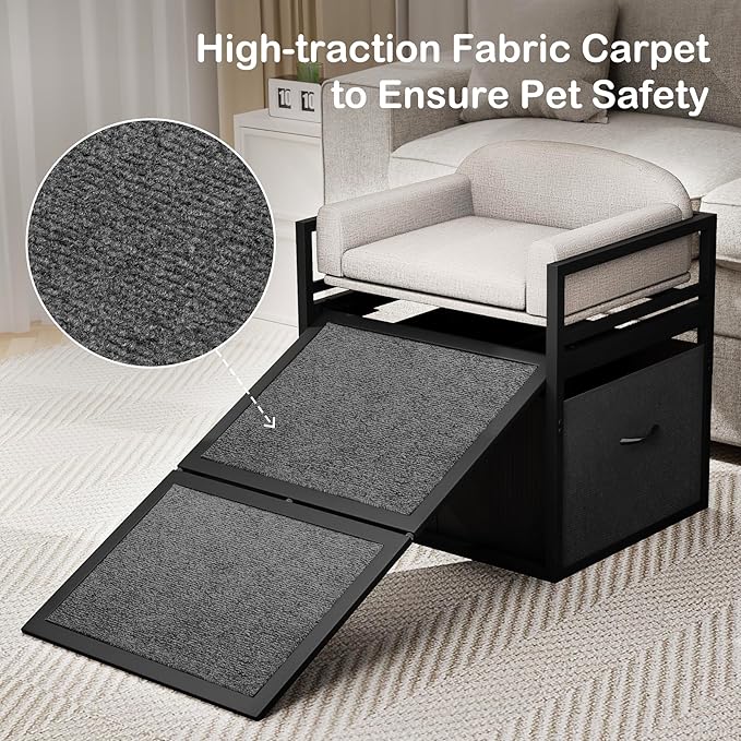Non Slip Dog Ramp with Seat & Storage Drawers,Extra Wide Doggie Stairs,Metal Frame Puppy Chair for High Bed Couch Office,Dachshunds Ladder,Washable Cushion Pet Step for Small Old Pets Khaki