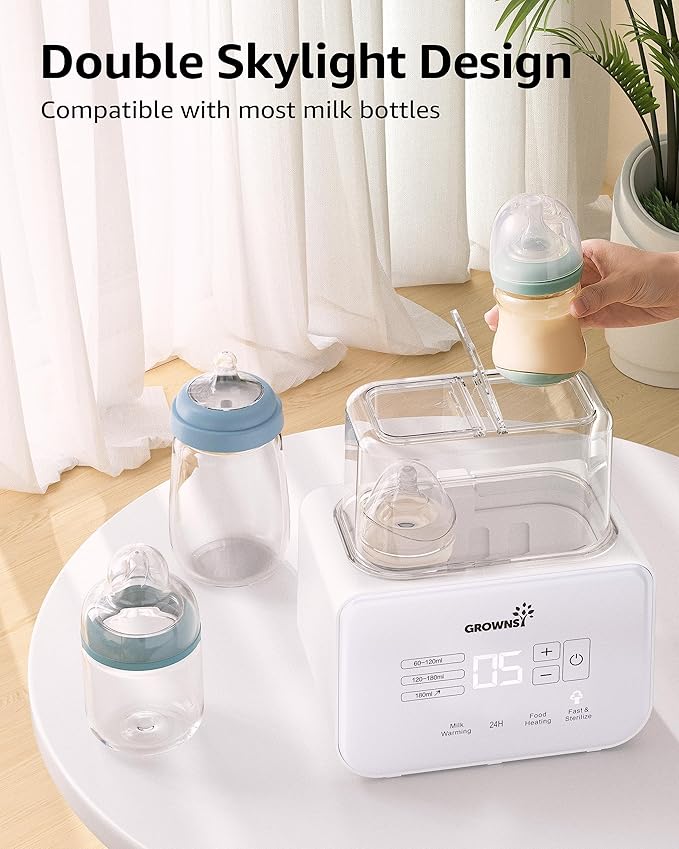 Baby Bottle Warmer, Grownsy 8-in-1 Fast Milk Warmer with Timer Breastmilk or Formula, Fits 2 Bottles, Accurate Temperature Control, with Defrost, Sterili-zing, Keep, Heat Baby Food Jars Function