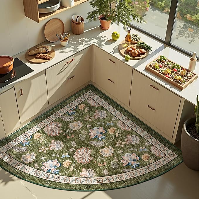 jinchan Floral Corner Rug for Entryway Washable Kitchen Rug Vintage Romance Design Non Slip Quarter Circle Lightweight Low-Pile Throw Carpet for Playroom Reading Nook Nursery, 4ft Radius, Green