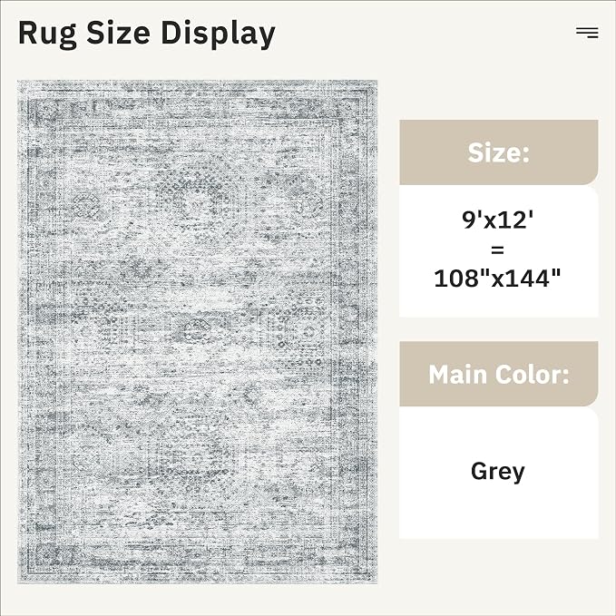 Soalmost 9x12 Area Rugs for Living Room, Non Slip Machine Washable Vintage Rugs