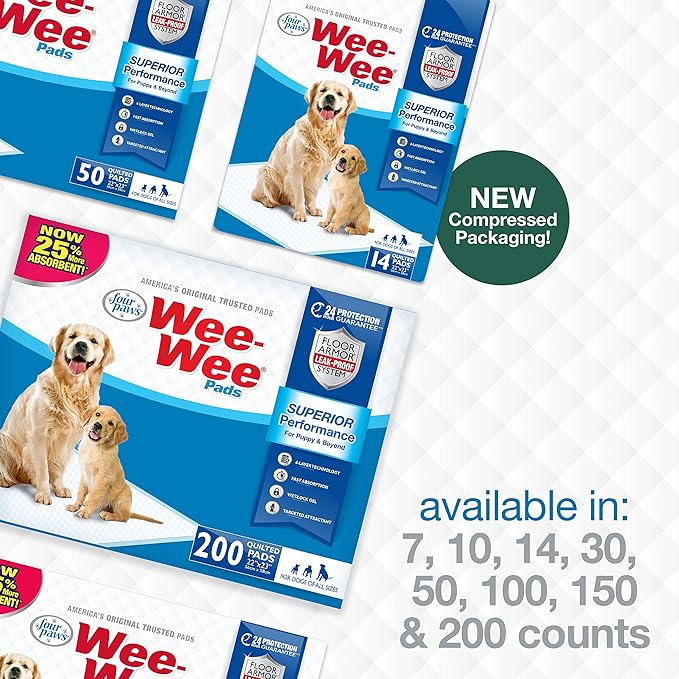 Four Paws Wee-Wee Superior Performance Unscented Pee Pads for Dogs & Puppies, Quilted Leak-Proof Dog Housebreaking Potty Training Floor Protection, 22" x 23", 14 Count
