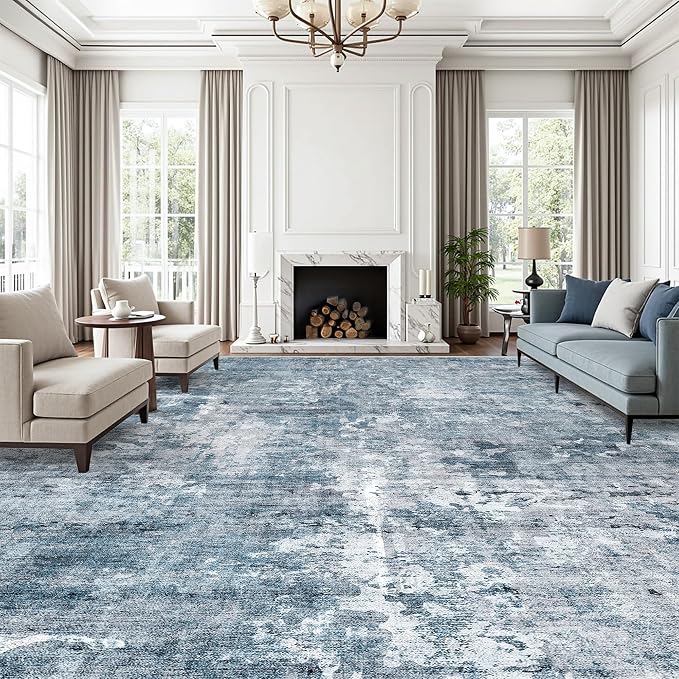 Soalmost 12x15 Washable Area Rug Blue/Grey Neutral Abstract Living Room Large